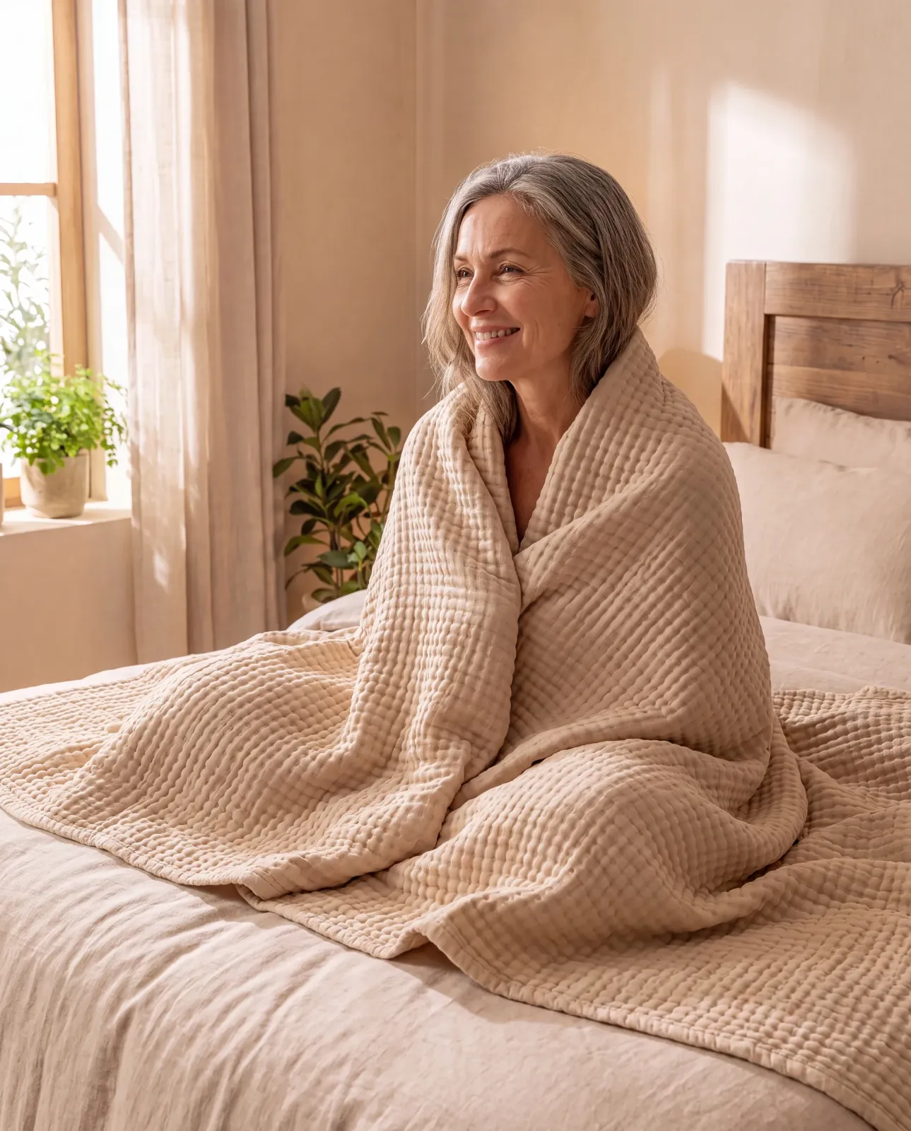 firth organic muslin blanket styled in a calm bedroom scene