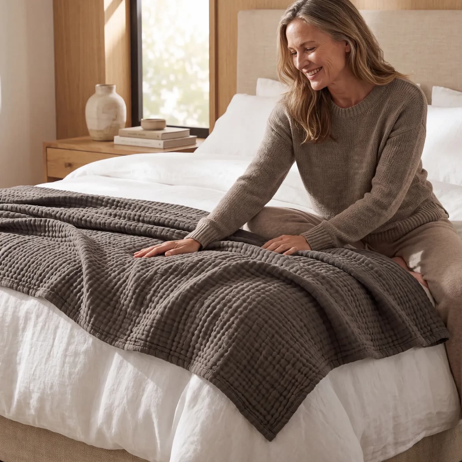 Happy woman in warm morning light with a sage muslin blanket