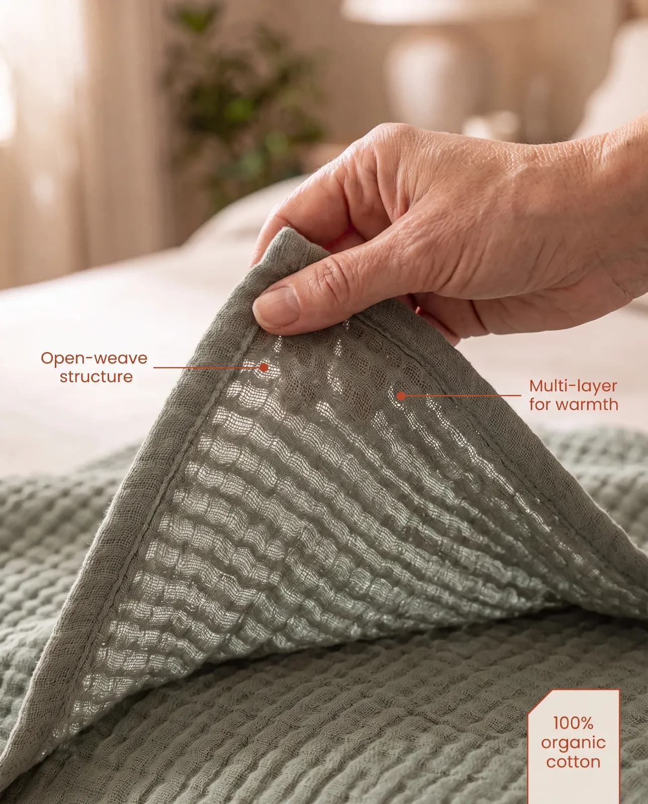 Large folded firth organic muslin blanket showing open weave texture