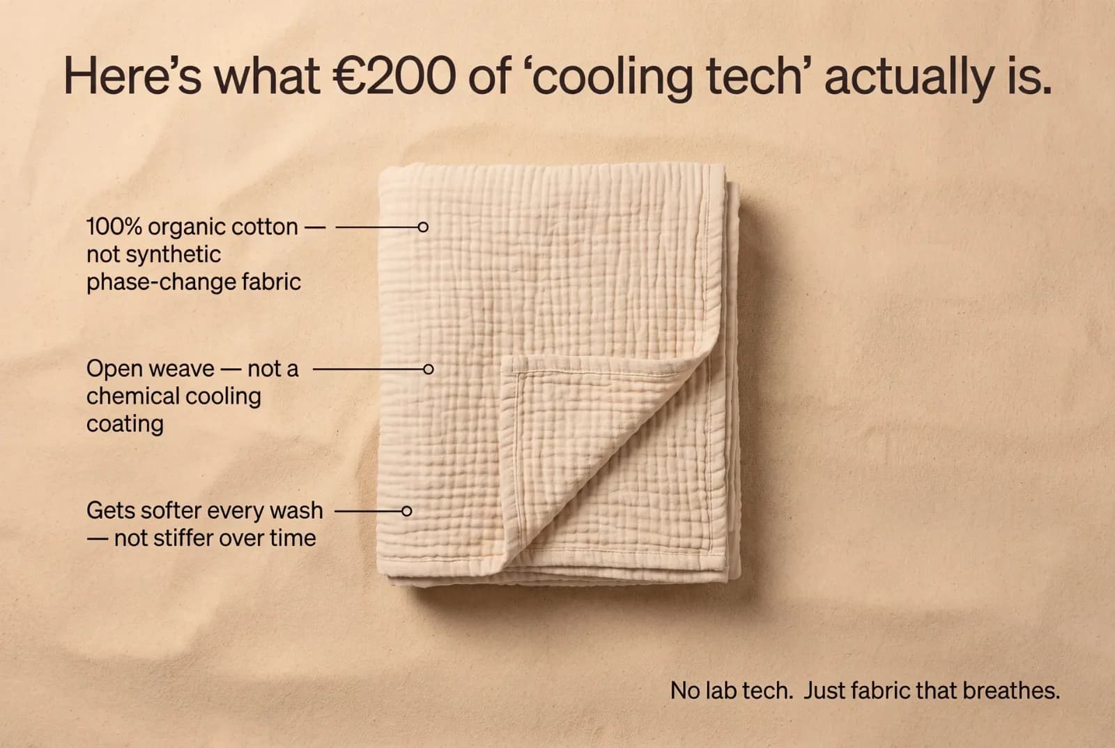 Annotated flat-lay comparison showing firth organic cotton muslin blanket materials and breathable weave